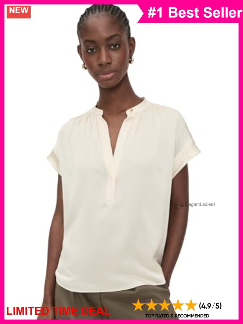 Silk Blouse Gathered Neck Cap Sleeve Relaxed Fit Peasant Top